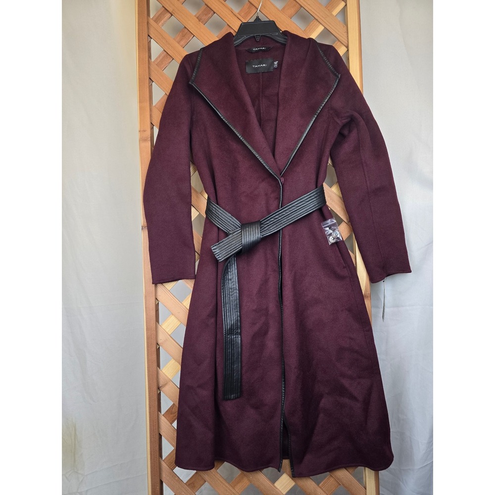 Tahari Wool Blend Wrap Coat Women XS Burgundy Faux Leather Trim - NEW